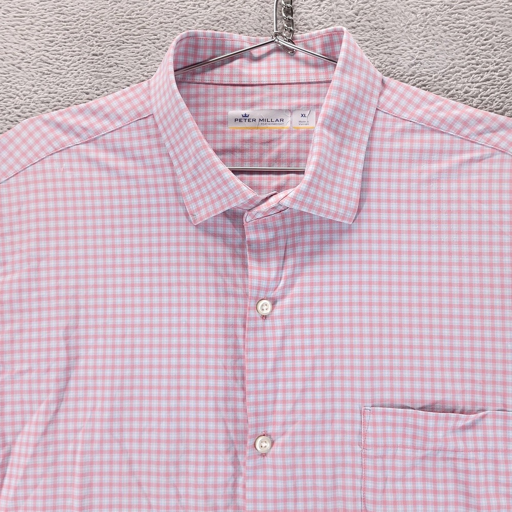 Peter Millar Button Up Mens XL Pink Featherweight Short Sleeve Check Stretch